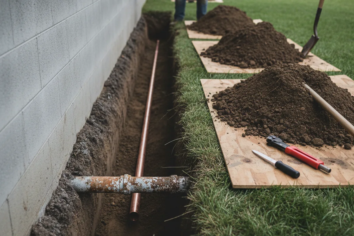 Excavated water line trench during Water Softener Installation in Larrabee